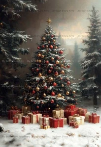CHRISTMAS TREE PRESENTS ART PRINT, Winter Decor Holiday Painting Poster E823 - Picture 1 of 2