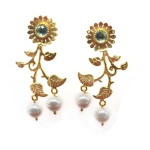 Blue Topaz Quartz Gemstone Handmade Gold Plated Jewelry Leaf Earring 1.5" Y119 - Picture 1 of 5