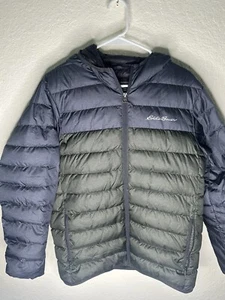 Men EDDIE BAUER 2 Tone CirrusLite Hooded Goose Down Zip Puffer Jacket Medium - Picture 1 of 5