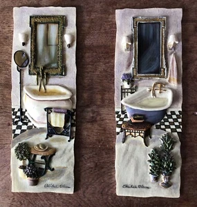 2 pc Set C.Winterle Olson 3D BATHROOM Ceramic Tile Wall Art Plaque Hangings - Picture 1 of 6