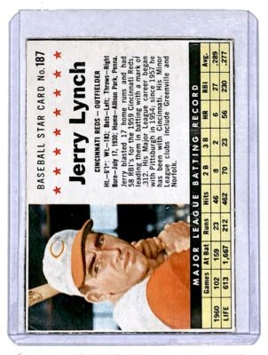 1961 Post Cereal Jerry Lynch Cincinnati Reds #187 - Image 1 of 2
