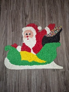 Vintage Popcorn Melted Plastic Santa Sleigh Christmas Decor 22" X 18" - Picture 1 of 16