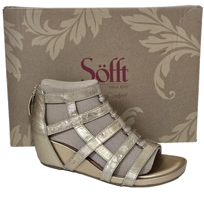 Sandalias de cuña Sofft Rio II de cuero con tiras de gladiador doradas antiguas talla 7,5 M Foto 1 de 4