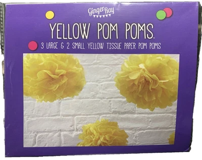 GINGER RAY 黄色纸巾 Pom Poms (3 大号,2 小号) | 全新/密封 — 第 1/3 张图片
