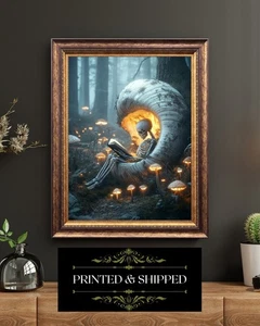 Impresión de arte de pared de fantasía oscura gótica lectura de esqueletos en bosque de setas brillante - Imagen 1 de 5