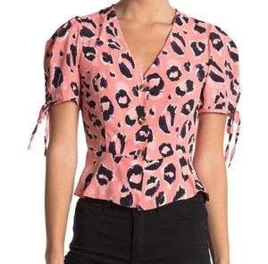 Topshop Leopard-print Short Sleeve Button Down Pink Women's Size 8 - Picture 1 of 7