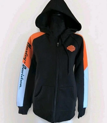 Sudadera con Capucha Harley Davidson Cremallera Logo Negra Naranja Talla Pequeña Para Mujer Nueva Sin Etiquetas Foto 1 de 4