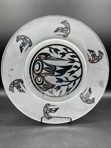 Large Pacific Northwest Coast Native American Etched Hummingbird Glass Platter - Picture 1 of 11