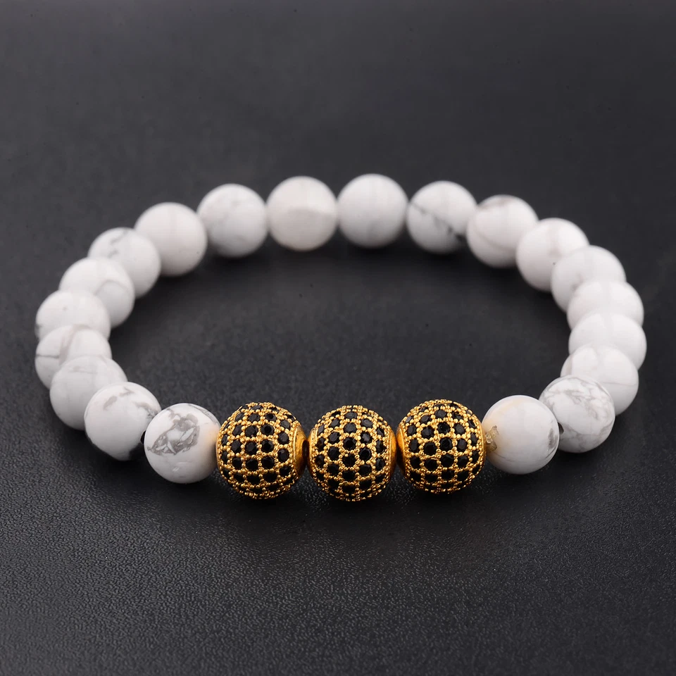 Luxury Micro Micro Pave CZ Ball Bracelets Natural Howlite Agate Bead Bangle Gift Foto 1 de 1