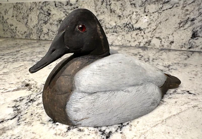 Señuelo de pato pintado a mano de madera vintage con respaldo de lona gris negro ojos rojos ~9" Foto 1 de 4