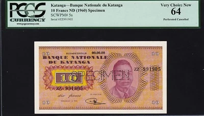 KATANGA 10 FRANCS 1960 **SPECIMEN** PCGS 64 VERY CHOICE NEW UNC P 5s ZZ - Image 1 of 3
