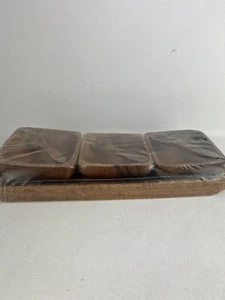 WOODEN 7 PIECE SET 13” x 4.5” TRAY AND THREE BOWLS WITH SPOONS - Picture 1 of 9