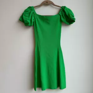 Zara Off The Shoulder Kelly Green Puff Sleeve Knit Mini Summer Dress Size Small - Picture 1 of 7