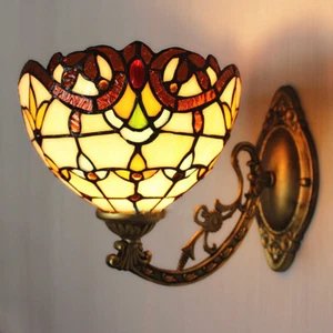 Tiffany Wall Sconce Lighting Beige Stained Glass Lamp Chain Switch Light Fixture - Picture 1 of 11