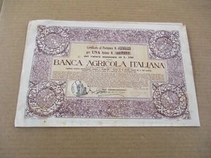 BANCA AGRICOLA ITALIANA certificato di 1 azione 1922/1943 - Foto 1 di 3