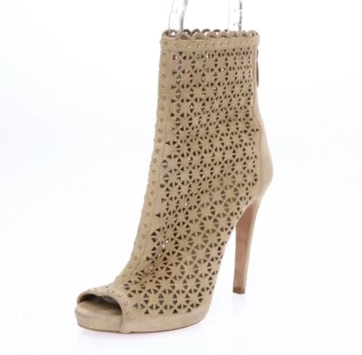 Prada Womens Perforated Suede Sand Ankle Boot Sand Open Toe Booties Sz. 38 $1200 - Image 1 of 4