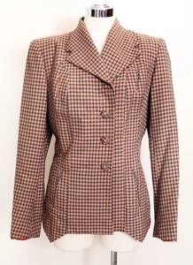 1940's Brown Check Suit Jacket Blazer Gabardine Plaid WWII 1930s Deco Vintage M - Picture 1 of 9