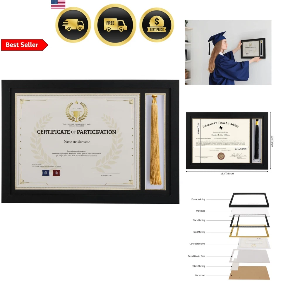 Marco de diploma con soporte para borla 8,5x11 certificado exhibición de documentos negro dorado Foto 1 de 4