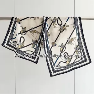 Sallys 100% Mulberry Silk Crepe Shawl Horses Print Neckerchief Oblong Scarf - Picture 1 of 12