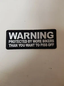 BIKER PATCH "WARNING PROTECTED BY MORE BIKERS" BLK/WHT NEW NICE - Picture 1 of 2