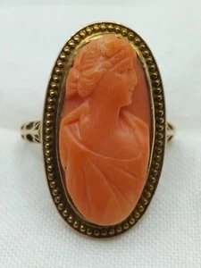 Antique 12k Yellow Gold Carved Natural Coral Cameo Ring 4.29 g Sz 4.5 - Picture 1 of 11