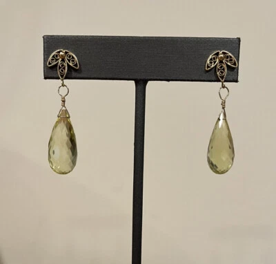 Висячие серьги-бриолеты из желтого золота 14 карат с гранеными каплями кварца - Изображение 1 из 4