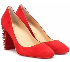 Christian Louboutin Donna Stud Spikes 85 Loubi Red Silver Block Heel Pump 35.5 - Picture 1 of 12