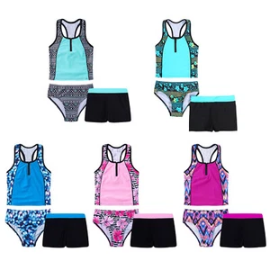 Girls 3Pcs Swimsuit Rash Guard Triangle Bikinis Tankini Sets with Swim Boyshorts - Picture 1 of 36