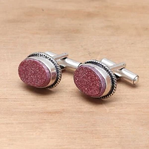 Gemelos de plata de regalo de cumpleaños étnico hecho a mano con piedras preciosas rosa Drusy de 2,5"" - Imagen 1 de 7