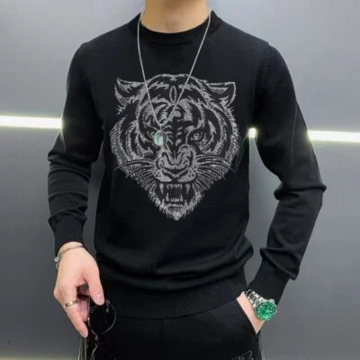 New Men Luxury Fashion Warm Sweater Hoodie Rhinestone Black White All Sizes Plus - Image 1 of 4