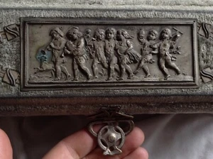 Antica cornamusa musica fan viennese bambino cane art nouveau barocco scatola di velluto blu - Foto 1 di 11