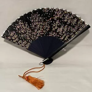 Black Pink Floral Folding Fan Painted Fabric Wood Hand Fan - Picture 1 of 10