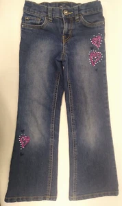 -PLACE Girls Skinny Boot, Size 6, Denim Jeans,Adj Waist, Pink Embroidered Hearts - Picture 1 of 7