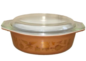 Vtg Pyrex Americana Oval CASSEROLE DISH w/Lid, 1.5 qt. Brown & Gold - Picture 1 of 7