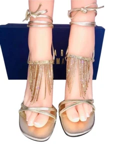 STUART WEITZMAN GOLD KNÖCHELWICKELSCHUH MIT KASKADIERENDEN STRASS GR. 8,5 EU 38,5 - Bild 1 von 11