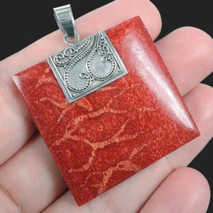 Ciondolo quadrato in argento sterling 925 corallo rosso naturale gioielli fat... - Foto 1 di 6