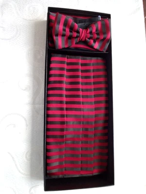 BURGUNDY and BLACK STRIPED Adjustable Cummerbund, Bow Tie, and Hanky Set w/box - Image 1 of 4