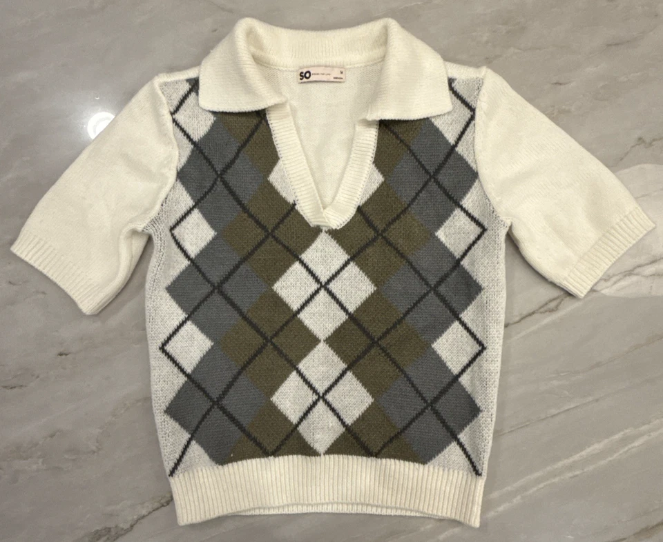 Mujeres Preppy Argyle Academia Coqueta Recortada Top M Manga Corta Suéter Cuello en V Foto 1 de 4