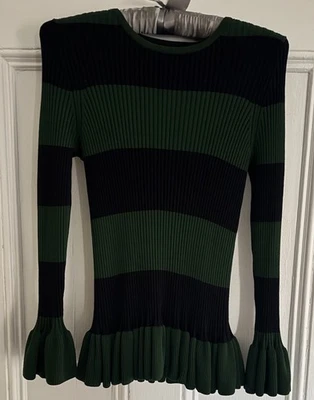 "Suéter Ann Taylor azul marino, verde acanalado con volantes talla mediana manga larga 24"" L" Foto 1 de 4