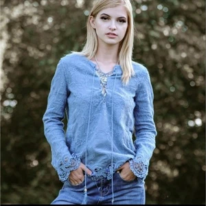 ODDY embroidered lace up tassel tie top blue M/L - Picture 1 of 7