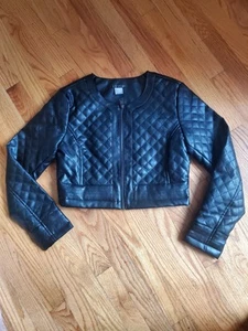 Womens Faux Vegan Leather Quilted Crop Jacket Size 6 Black Zip Moto Collarless - Bild 1 von 9