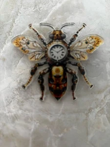 Bee Clock Brooch 2D Acrylic Flat Insect 2.75” X 2.5” - Picture 1 of 2