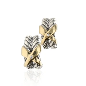 Two-Tone Sterling Silver & 18K Gold "Crossover" Omega Back Earrings with Diamond - Picture 1 of 5