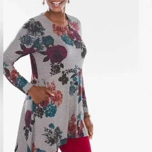 CHICO'S Gray Floral Women's Long Sleeve Blouse Tunic Top SZ 1 or M EXCELLENT - Picture 1 of 8