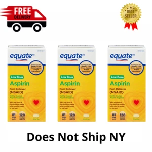 Equate Adult Low Dose Aspirin Safety Coated Tablets, 81 mg, 120 Count x 3 Pack - Picture 1 of 12