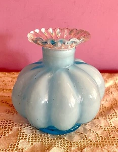 FENTON Blue Cased Glass/Clear Ruffled Neck Beaded MELON VASE Vintage - Picture 1 of 11