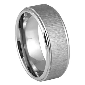 Silver 8mm Men's Tungsten Carbide Ring Step Edge Reflective Grain Finis - Picture 1 of 4