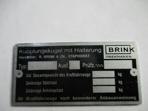 Typenschild AHK Anhängerkupplung Brink Kupplungskugel Schild s91 - Bild 1 von 1