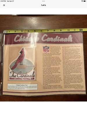 CHICAGO CARDINALS Willabee & Ward NFL GOLDEN AGE FOOTBALL PATCH & INFO STAT CARD - Image 1 of 4