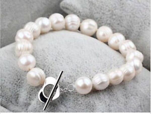 Natural 10-11mm Real White Freshwater Cultured Pearl Bracelet 7.5'' Heart Clasp